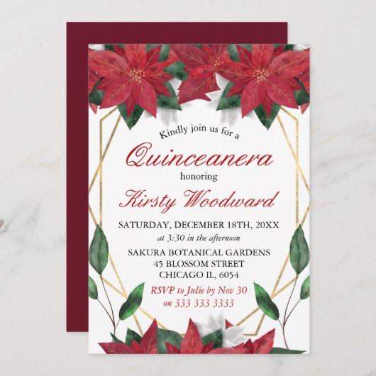 ウォーターカラーポインセティアフローラクリスマスキンセアニェラ 招待状 (正面/裏面)