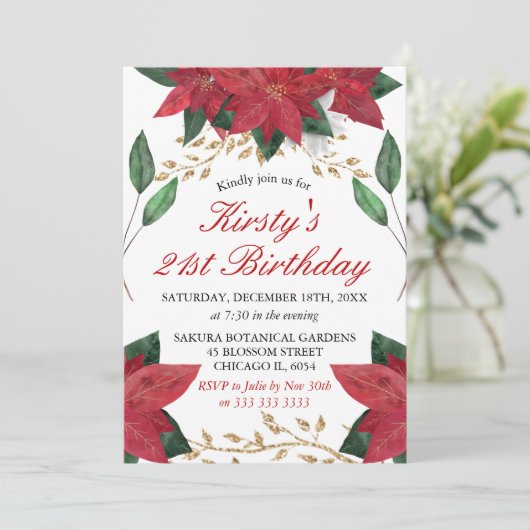 ウォーターカラーポインセティアフローラクリスマス誕生日 招待状 (スタンド正面)