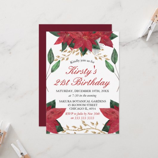 ウォーターカラーポインセティアフローラクリスマス誕生日 招待状 (正面/裏面インサイチュ)