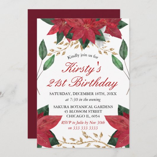 ウォーターカラーポインセティアフローラクリスマス誕生日 招待状 (正面/裏面)