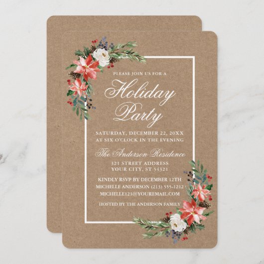 ウォーターカラーポインセティアホリデーパーティクラフト 招待状 (正面/裏面)