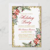 ウォーターカラーポインセティアホリデーパーティーグリッターレッド 招待状 (正面)