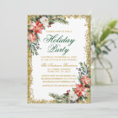 ウォーターカラーポインセティアホリデーパーティーグリッター 招待状 (スタンド正面)