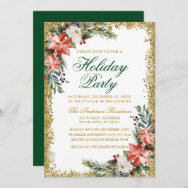 ウォーターカラーポインセティアホリデーパーティーグリッター 招待状