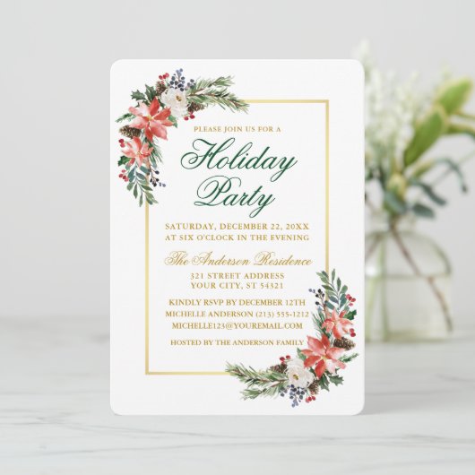 ウォーターカラーポインセティアホリデーパーティー金ゴールドグリーン 招待状 (スタンド正面)