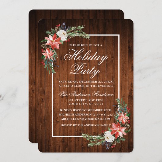 ウォーターカラーポインセテ素朴ィアウッドホリデーパーティー 招待状 (正面/裏面)