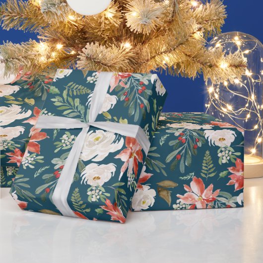 ウォーターカラーポイントセティアフローラホリデーシーズン ラッピングペーパー (クリスマス)