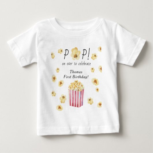 ウォーターカラーポップコーンキッズバースデーパーティー ベビーTシャツ (正面)
