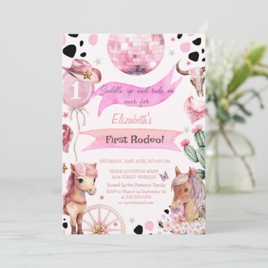 ウォーターカラーポニーフローラロデオ水玉模様誕生日 招待状 (スタンド正面)