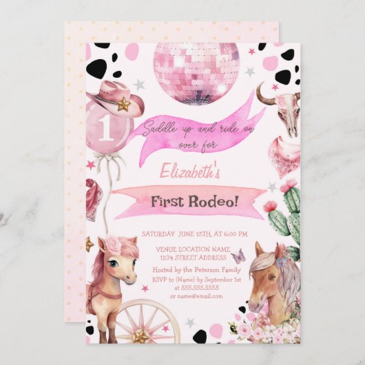 ウォーターカラーポニーフローラロデオ水玉模様誕生日 招待状 (正面/裏面)