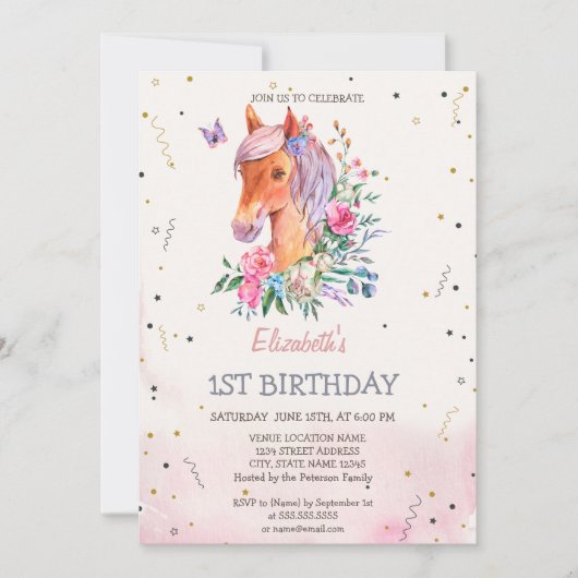 ウォーターカラーポニー花 誕生日 招待状 (正面)