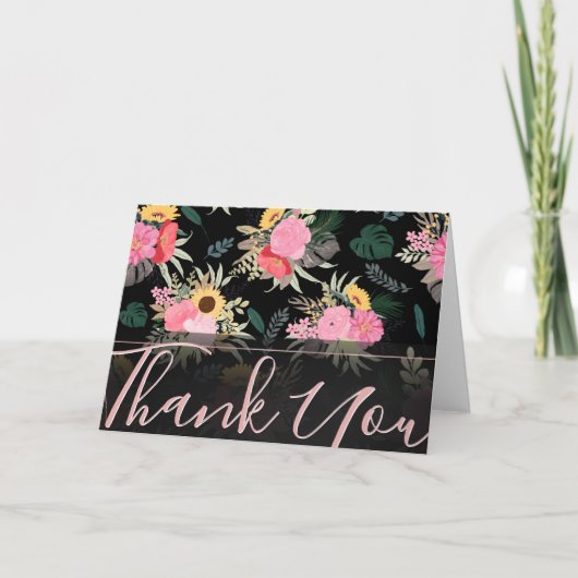 ウォーターカラーポピー&サンフラワーズフローラブラックデザイン シーズンカード (正面)