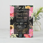 ウォーターカラーポピー&サンフラワーズフローラブラックデザイン 招待状 (スタンド正面)