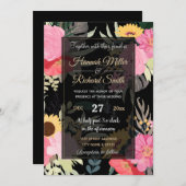 ウォーターカラーポピー&サンフラワーズフローラブラックデザイン 招待状 (正面/裏面)