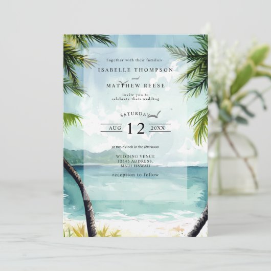 ウォーターカラーマウイハワイトロピカルビーチ結婚式 招待状 (スタンド正面)