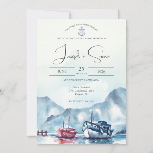 ウォーターカラーマウンテングレイシャーボートいかり結婚ズ 招待状 (正面)