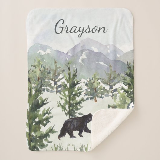 ウォーターカラーマウンテンフォレストベアパーソナライズされたボーイ シェルパブランケット (正面)