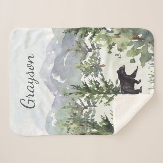 ウォーターカラーマウンテンフォレストベアパーソナライズされたボーイ シェルパブランケット (正面(横))