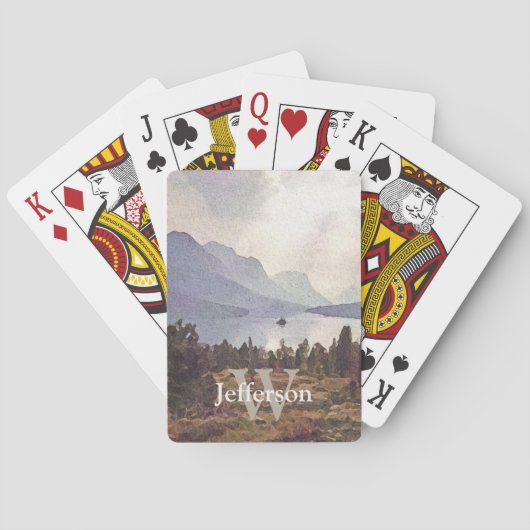 ウォーターカラーマウンテンレイク名とイニシャルテンプレート トランプ (裏面)