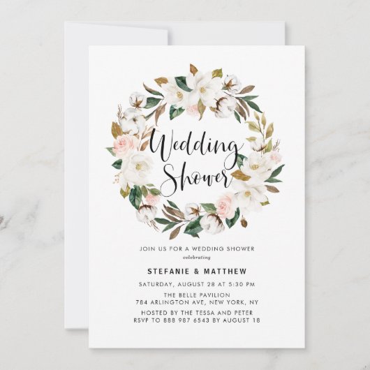 ウォーターカラーマグノリアコットンリースウェディングシャワー 招待状 (正面)