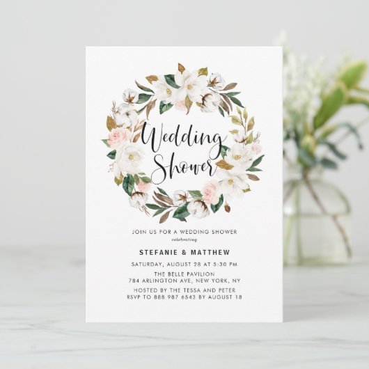 ウォーターカラーマグノリアコットンリースウェディングシャワー 招待状 (スタンド正面)