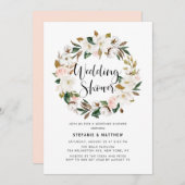 ウォーターカラーマグノリアコットンリースウェディングシャワー 招待状 (正面/裏面)