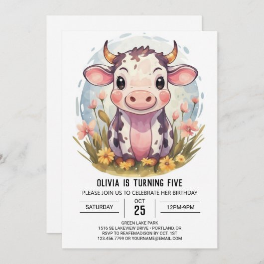 ウォーターカラーマジカルファーミヤードカウズ誕生日 招待状 (正面/裏面)