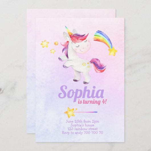 ウォーターカラーマジカルユニコーンレインボーパステル誕生日 招待状 (正面/裏面)