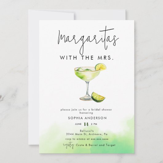 ウォーターカラーマルガリータライムブライダルシャワー 招待状 (正面)