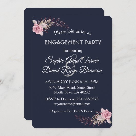 ウォーターカラーマルサラマルーンフローラ婚約パーティ 招待状 (正面/裏面)