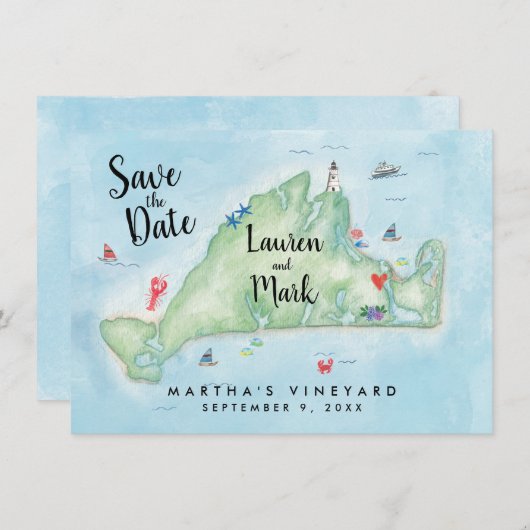 ウォーターカラーマーサズヴィニヤードマップ・セーブ・ザ・デート セーブザデート (正面/裏面)
