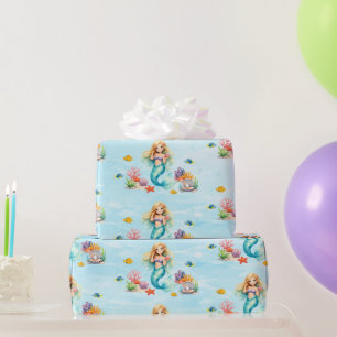 ウォーターカラーマーメイドの誕生日 ラッピングペーパー