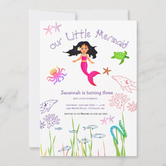 ウォーターカラーマーメイド誕生日招待状 招待状 (正面)