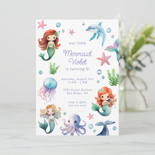 ウォーターカラーマーメイド誕生日 招待状 (スタンド正面)