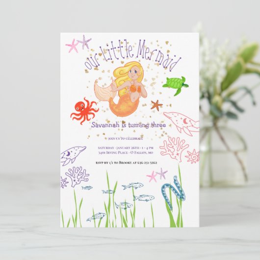 ウォーターカラーマーメイド誕生日 招待状 (スタンド正面)