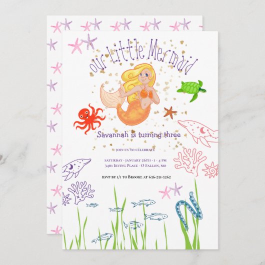 ウォーターカラーマーメイド誕生日 招待状 (正面/裏面)