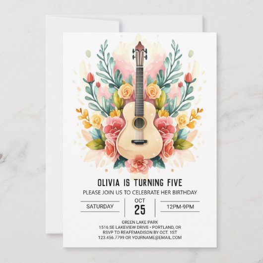 ウォーターカラーミュージシャンギター誕生日 招待状 (正面)