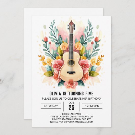ウォーターカラーミュージシャンギター誕生日 招待状 (正面/裏面)