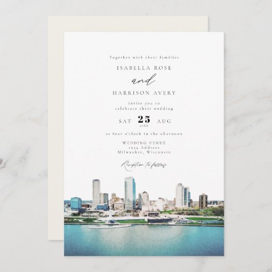 ウォーターカラーミルウォーキーウィスコンシンスカ結婚イラインズ 招待状 (正面/裏面)