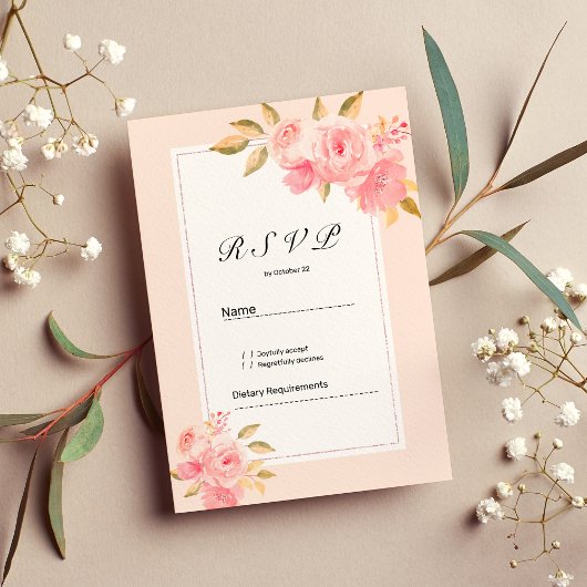 ウォーターカラーミントの淡いピンクの花のRSVP 招待状