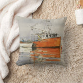 ウォーターカラーメイン魚釣りボート海オレンジグレー クッション (ブランケット)
