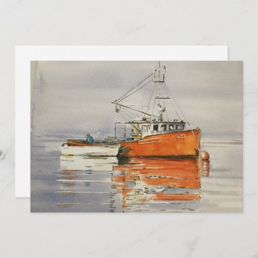 ウォーターカラーメイン魚釣りボート海オレンジグレー サンキューカード (正面/裏面)