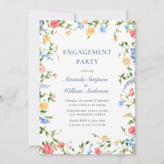 ウォーターカラーメドウワイルドフラワーボホ婚約パーティ 招待状 (正面)