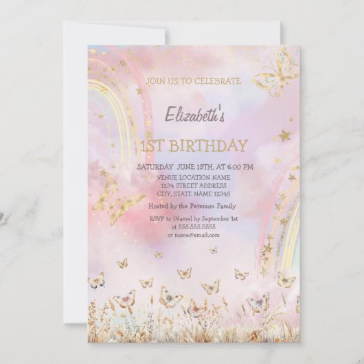 ウォーターカラーメドウ蝶誕生日 招待状 (正面)