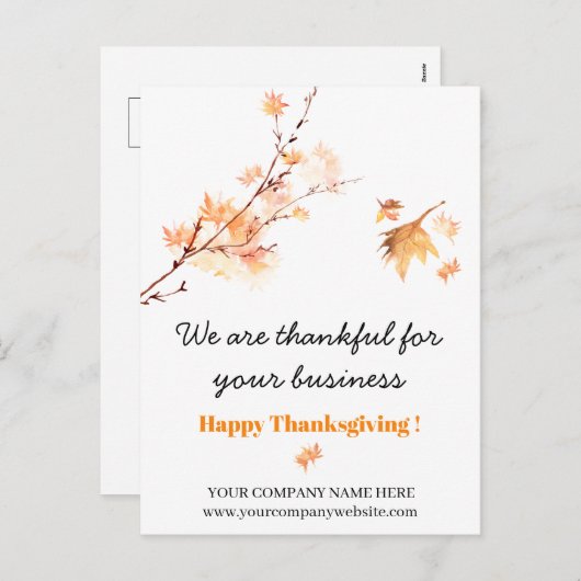 ウォーターカラーメープル葉ズビジネス感謝祭 シーズンポストカード (正面/裏面)