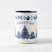 ウォーターカラーモダン紺クリスマスツリー名入り ツートーンマグカップ (中央)