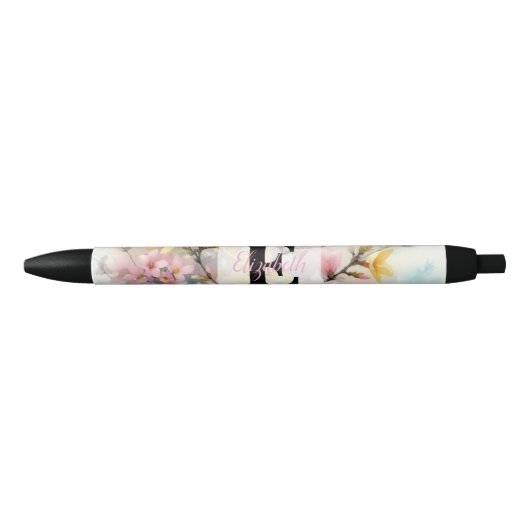ウォーターカラーモノグラム ピンク イエロー 春の花 黒ボールペン (正面)