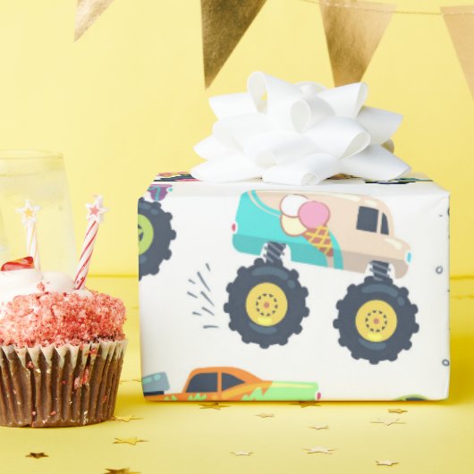 ウォーターカラーモンスターカートラック 子供 ラッピングペーパー (誕生日パーティー)