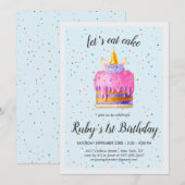 ウォーターカラーユニコーンケーキ 誕生日招待状 (正面/裏面)