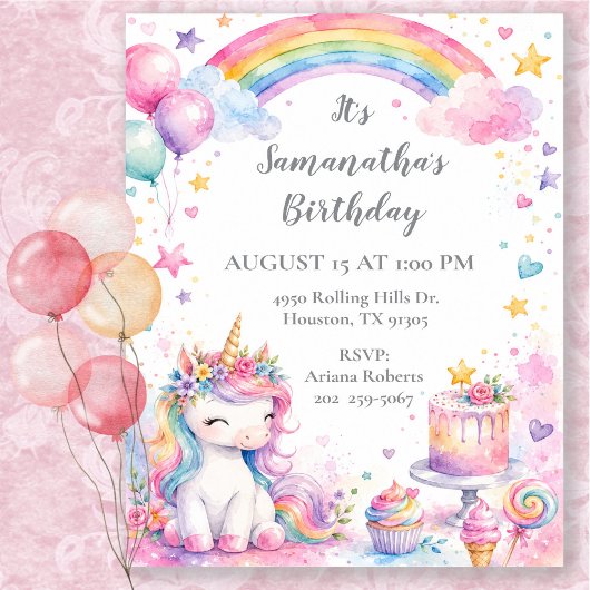 ウォーターカラーユニコーン虹の誕生日パーティー 招待状